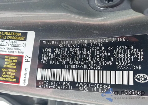 2013 Toyota Camry Hybrid Xle z USA, uszkodzony, nr VIN 4T1BD1FK4DU063995